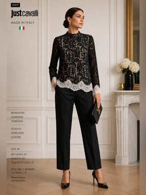 Just Cavalli Black Lace Blouse White Trim Italy Size  IT 40 | US 4 NWT